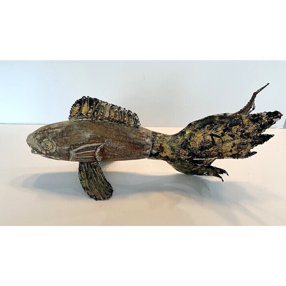 Wood Fish Display Tabletop Retro Metal Fins Nautical Décor Gold Tone Accent - Picture 2 of 10